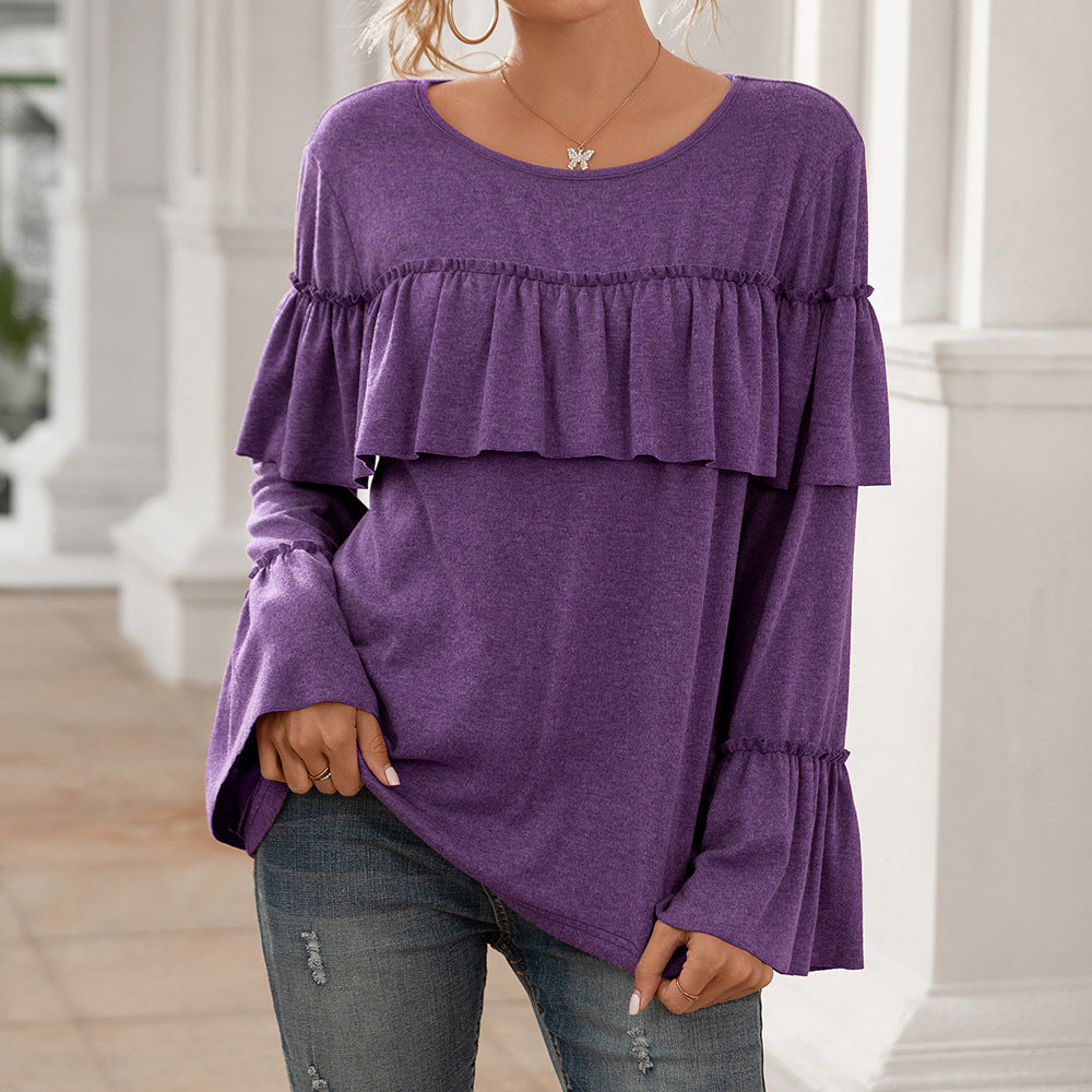 Casual Ruffled Stitching Long-sleeved Solid Color Mid-length T-shirt Top Women