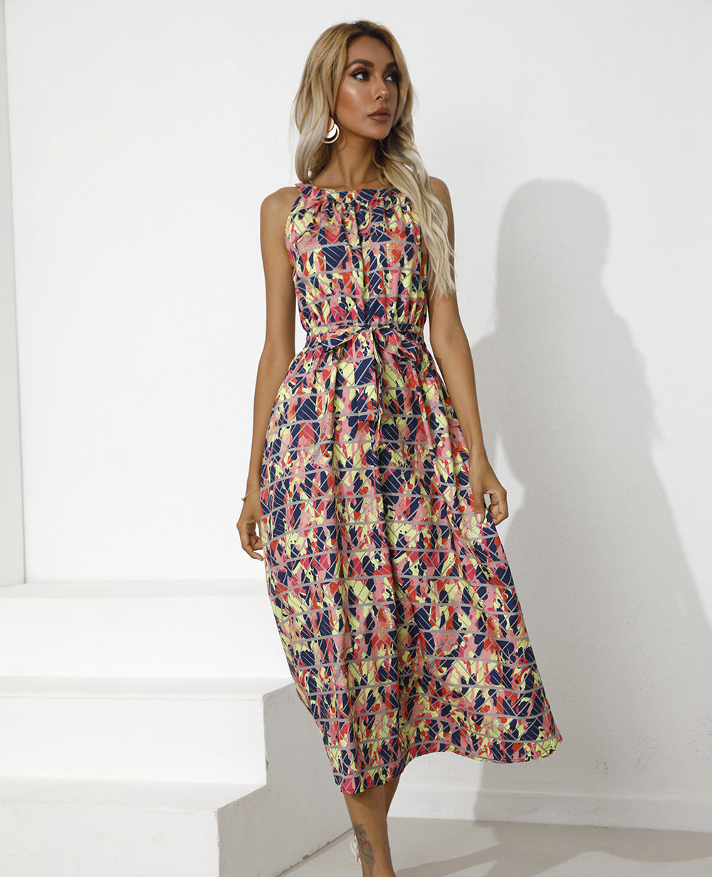 Summer Print Lace-up Waist Sleeveless Dress