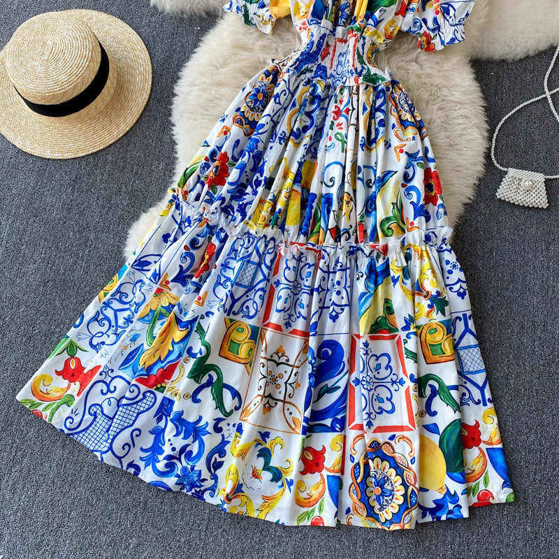 Printed One-line Neck Off-shoulder Bubble Sleeve Slim Mid-length Dress Female