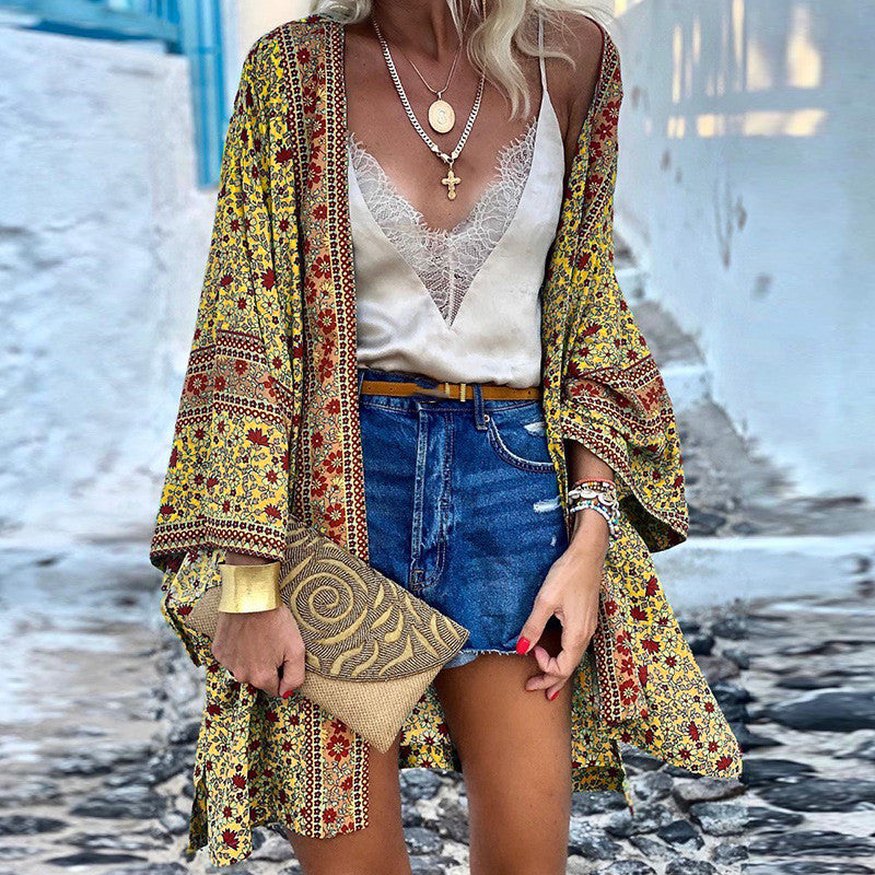 Loose Boho Printed Midi Cardigan for Women with Long Sleeves