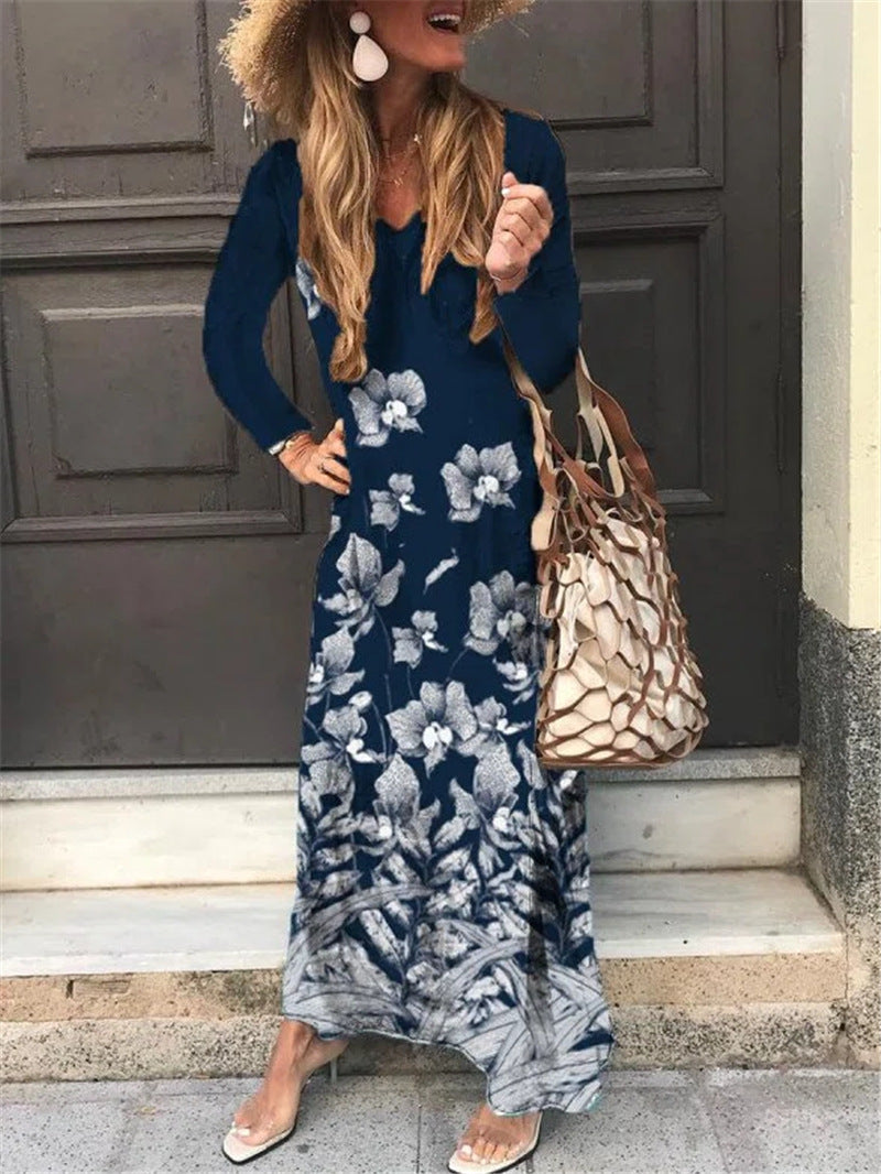 Women's Long Sleeve V-neck Floral Print Long Dress