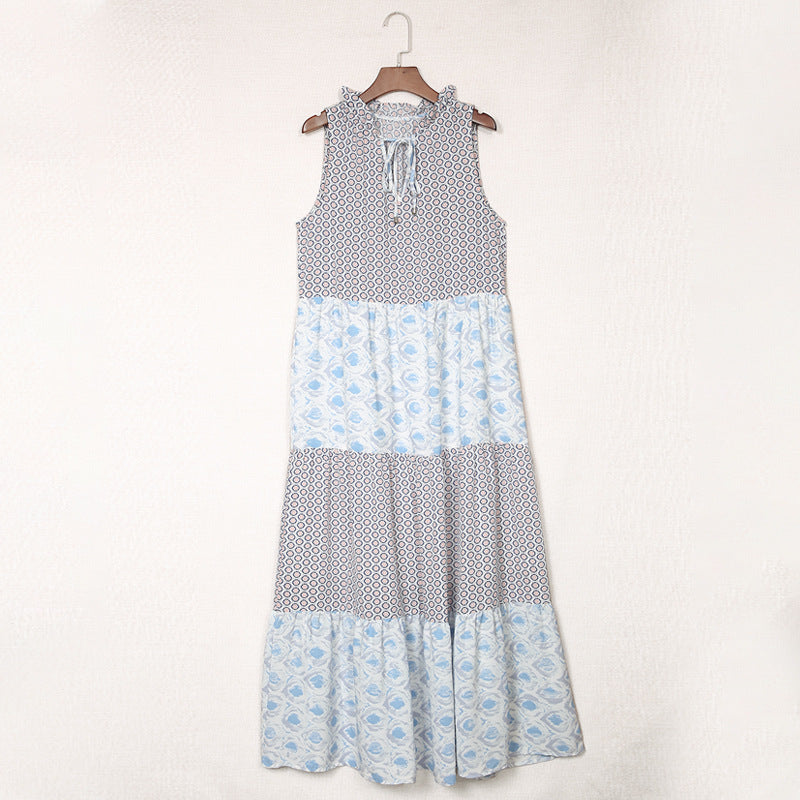 Summer Sleeveless Maxi Dress New Backless Geometric Pattern Patchwork Printed Dress