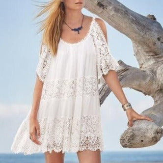 European And American Women's Clothing New Summer Chiffon Lace Stitching Vacation Style Solid Color Off-the-shoulder Strap Dress