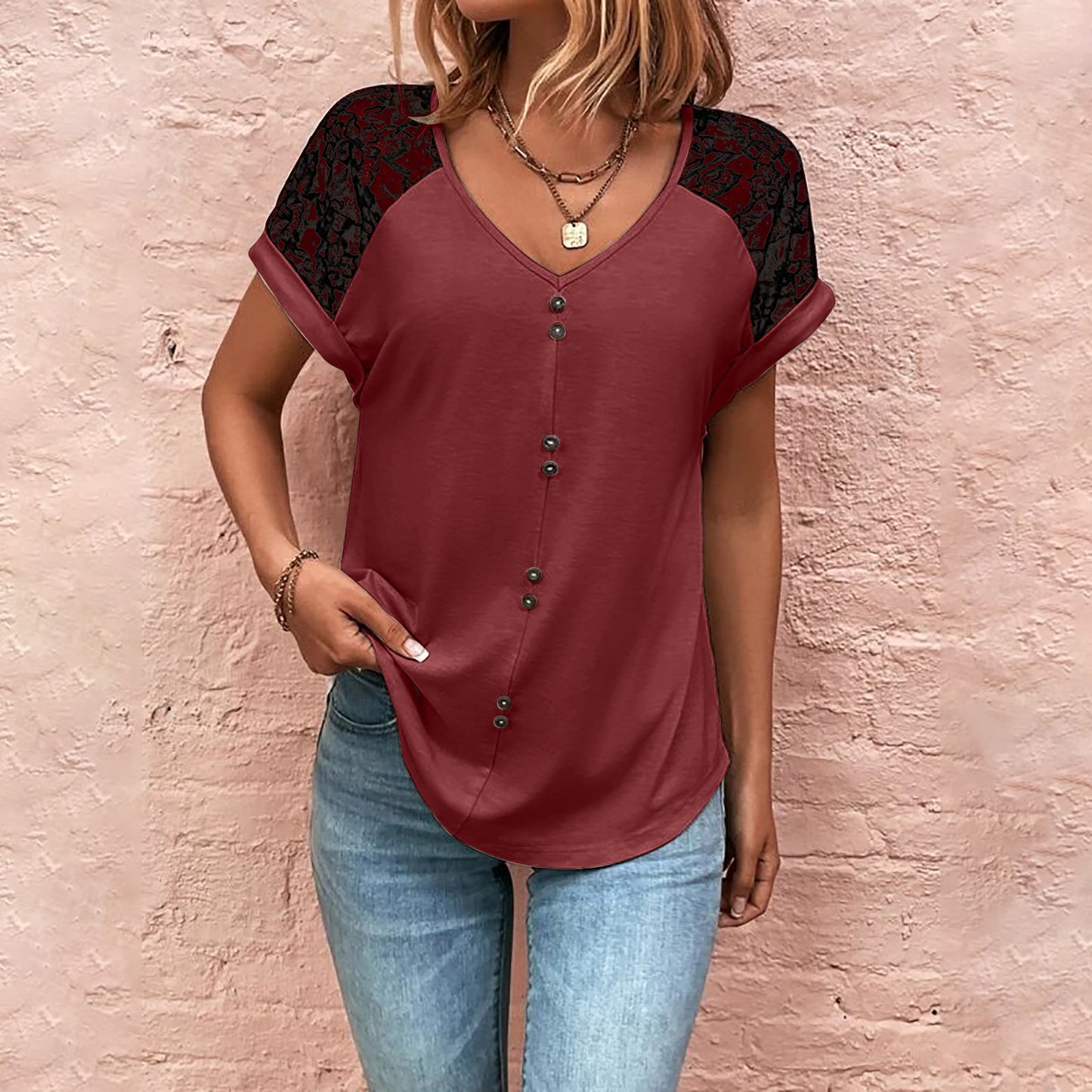 Women's T-Shirt Lace Stitching V-neck Top With Button Casual Summer Short Sleeve Pullover Shirt