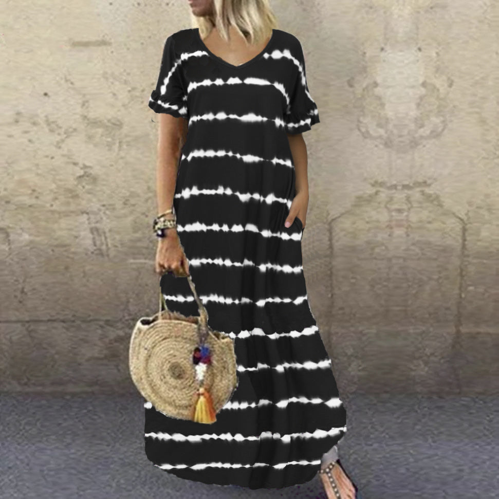 Women's Ruffle Sleeve Striped Print Long Dress Plus Size Casual Skirt