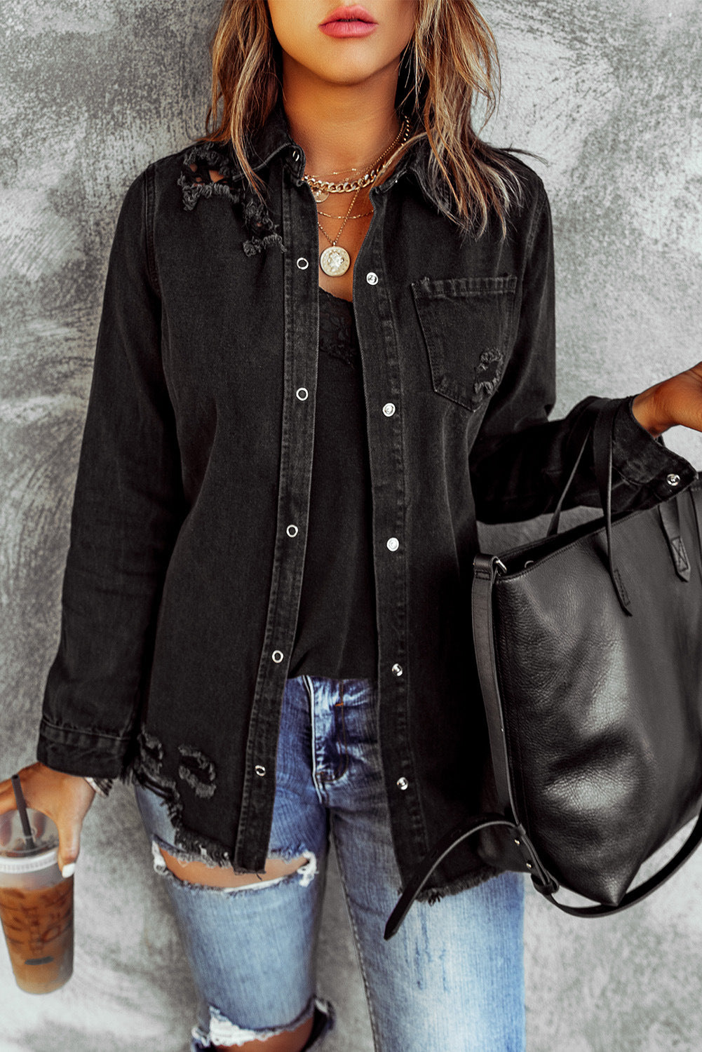 Black Ripped Denim Long Sleeve Coat Jacket for Women