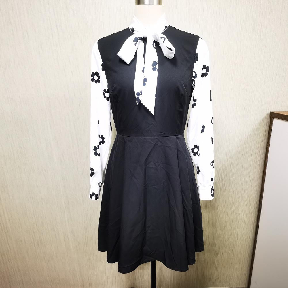 Women's Printed Black And White Mosaic Neckline Tie Casual Dress