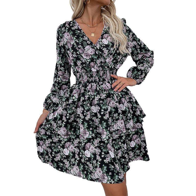 Autumn New Style Long-Sleeved Floral V-Neck Dress with Puff Sleeves