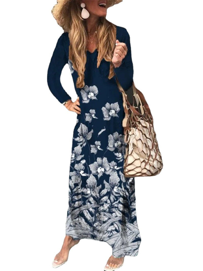 Women's Long Sleeve V-neck Floral Print Long Dress