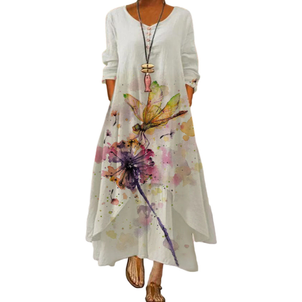 Printed Long-Sleeved Dress for Women with Irregular Hem Long Skirt