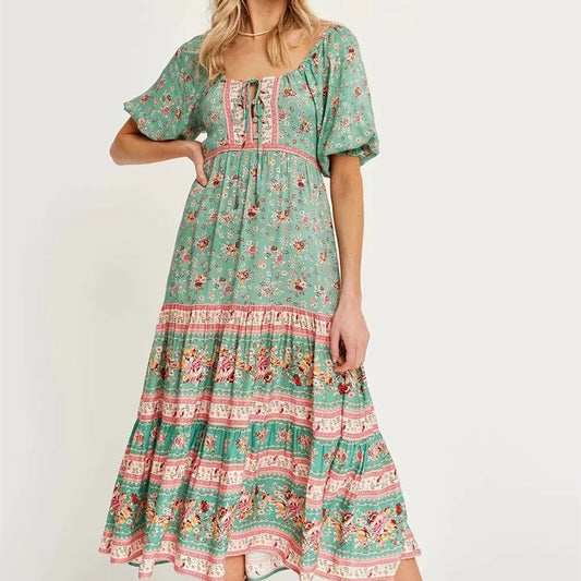 Women's Oversized U-neck Tie Ruched Short Sleeve Printed Long Dress