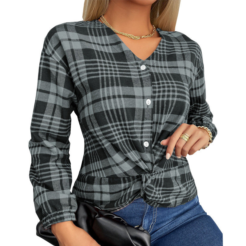 Women's V-Neck Plaid Long Sleeve Top Shirt