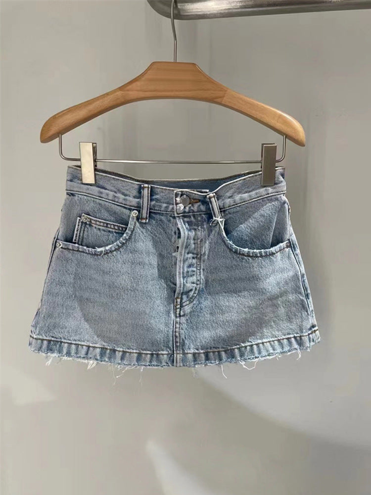 Washed And Made Of Old Design Feeling Raw Hem Denim Skirt