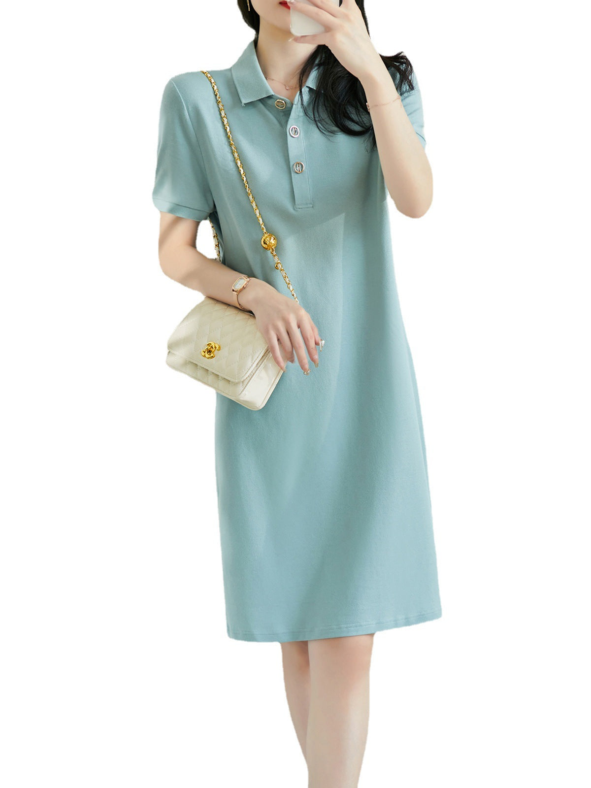 Polo Collar Half-opening Straight Mid-length Dress Women