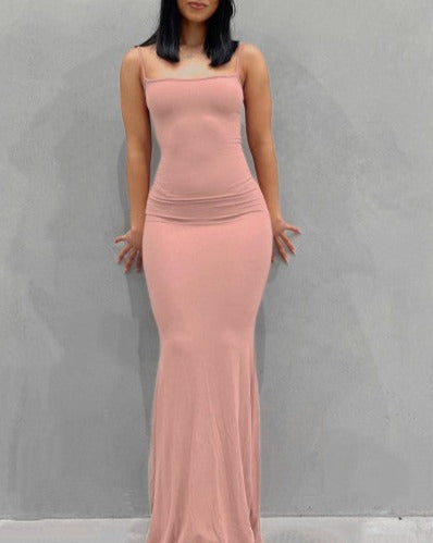 New Fashion Solid Color Sleeveless Sling Long Dress