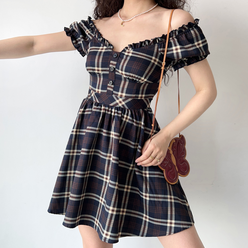 Vintage V Neck Bubble Sleeve Plaid Dress