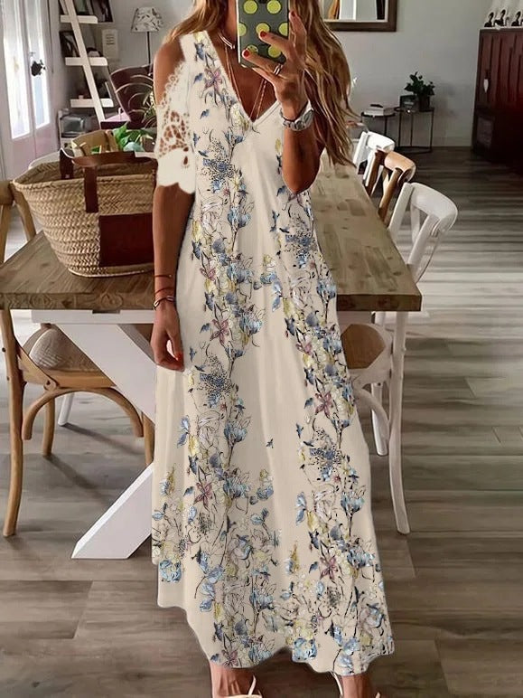 Women's Lace Short Sleeve Printed Long Dress