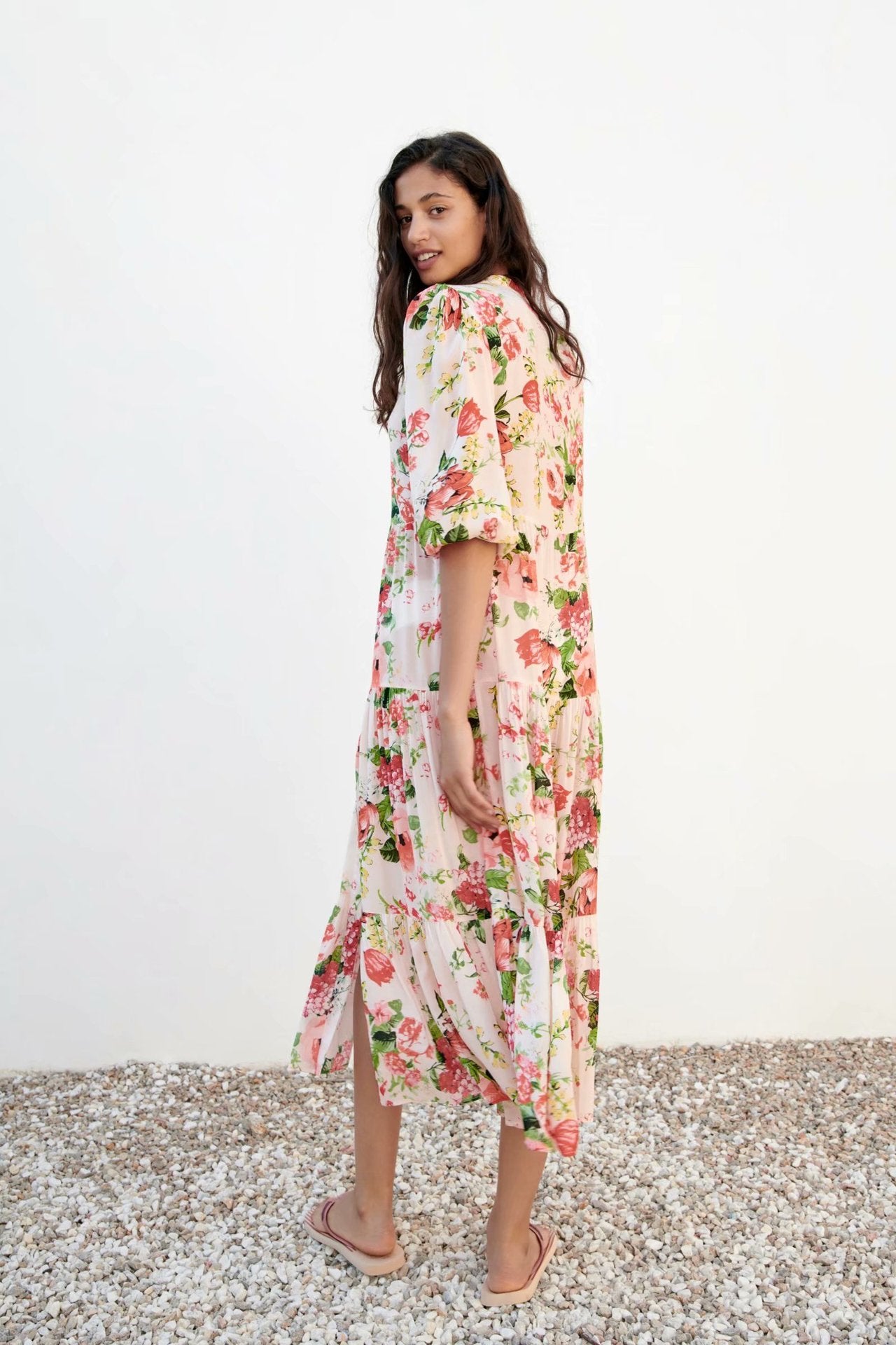 Single-Breasted Dress with Long Sleeves and Floral Print for Women