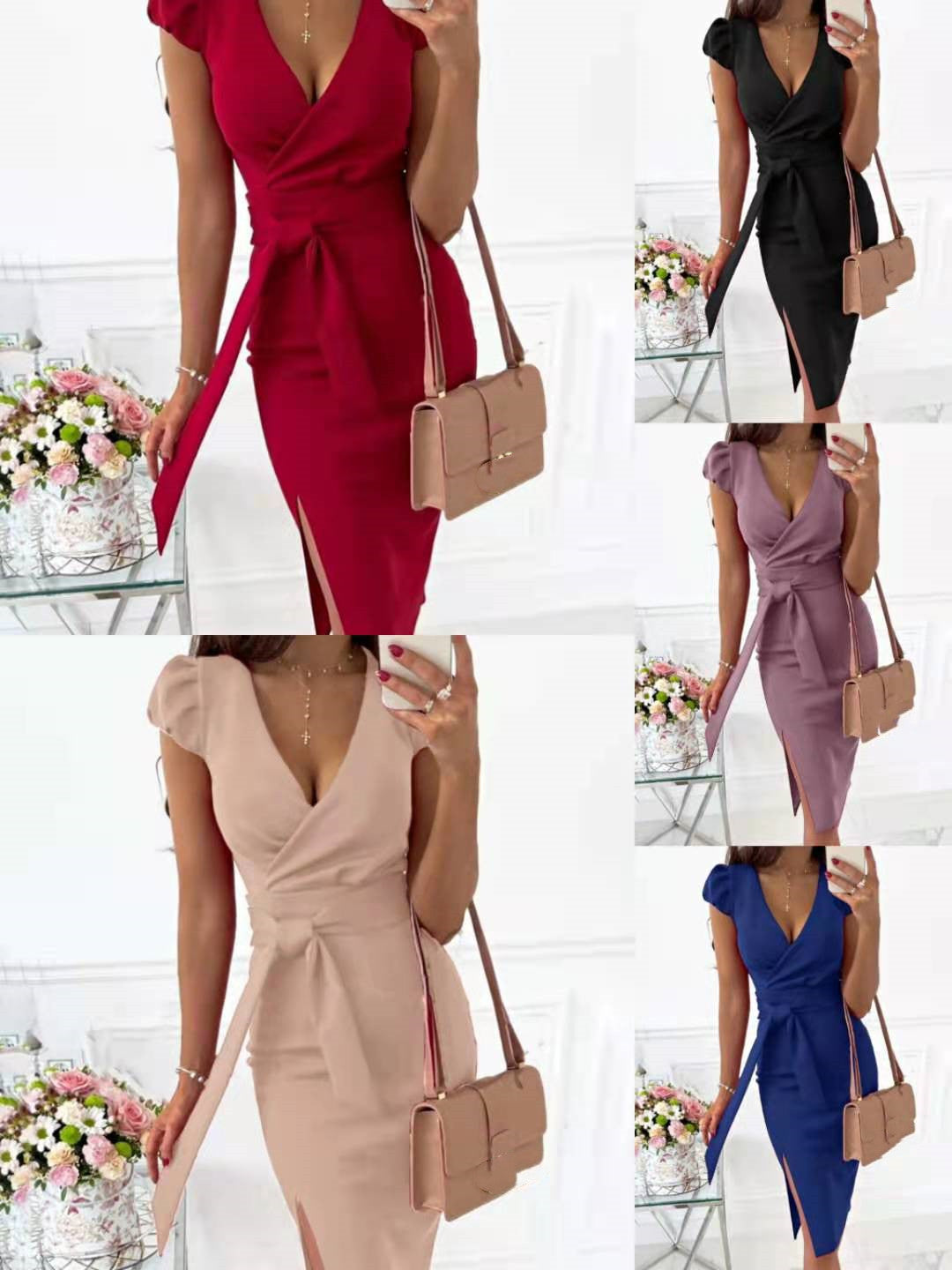 V-Neck Knee-Length Dress for Women with Pure Color and Puff Sleeves - A Fashionable Choice