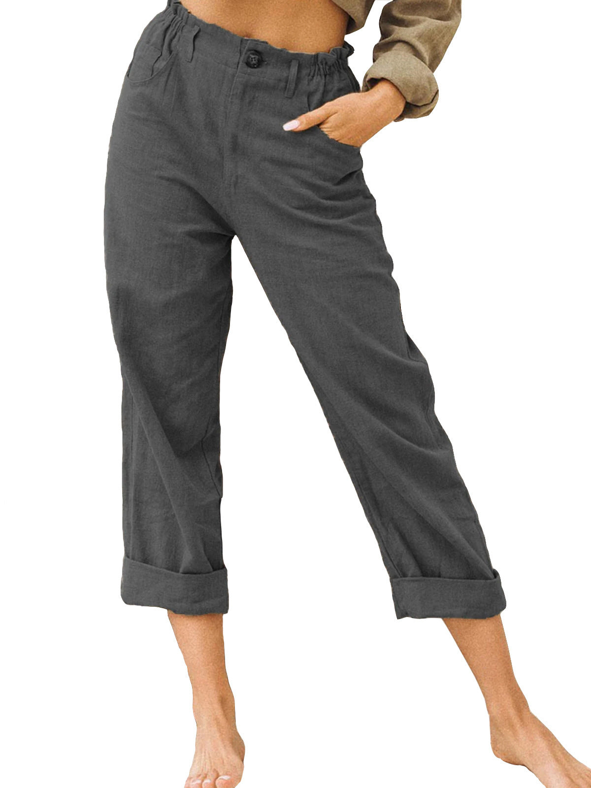 Women's Cotton Linen Patchwork Pants with Drawstring Waist and Loose Casual Fit