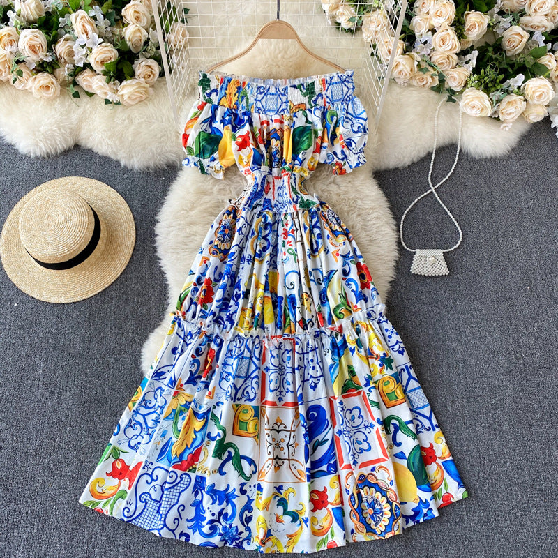 Printed One-line Neck Off-shoulder Bubble Sleeve Slim Mid-length Dress Female