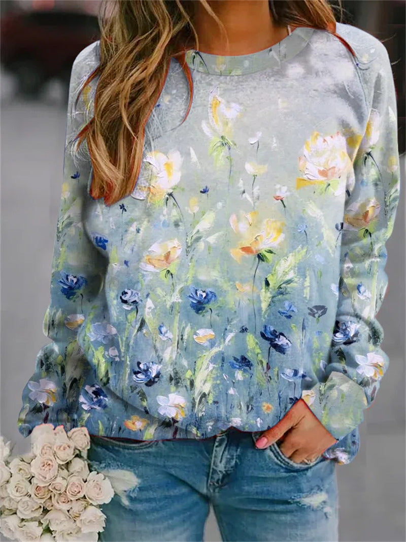 Floral Loose Print Long-sleeved Round Neck Sweater