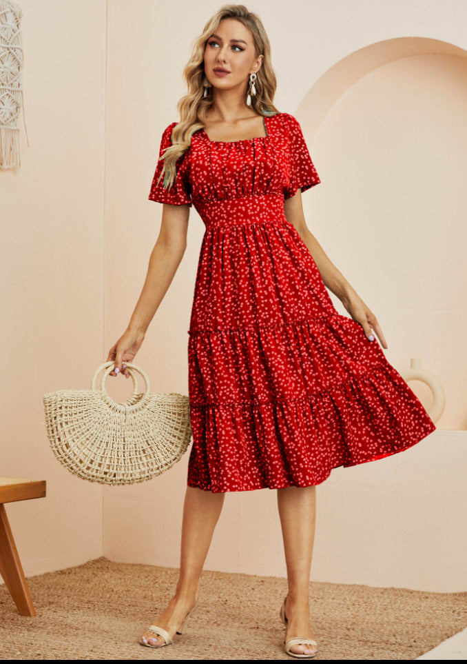 Square Neck Puff Sleeve Floral Dress Long