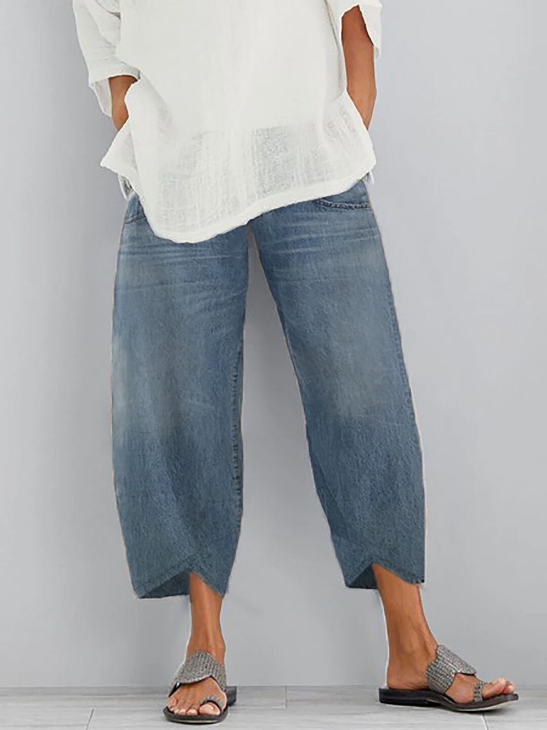 Harem Pants in Imitation Denim with a Loose and Beltless Design