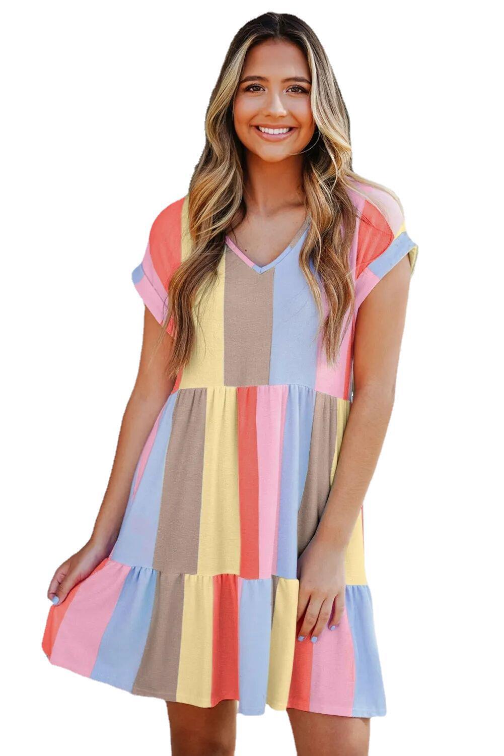 Summer Contrast Skirt Women's Casual V-neck Pullover Short Sleeve Home Dress