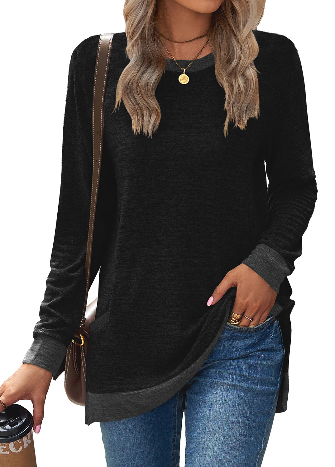 Round Neck Multicolor Pocket Long Sleeve Pullover Top Loose-fitting Casual T-shirt