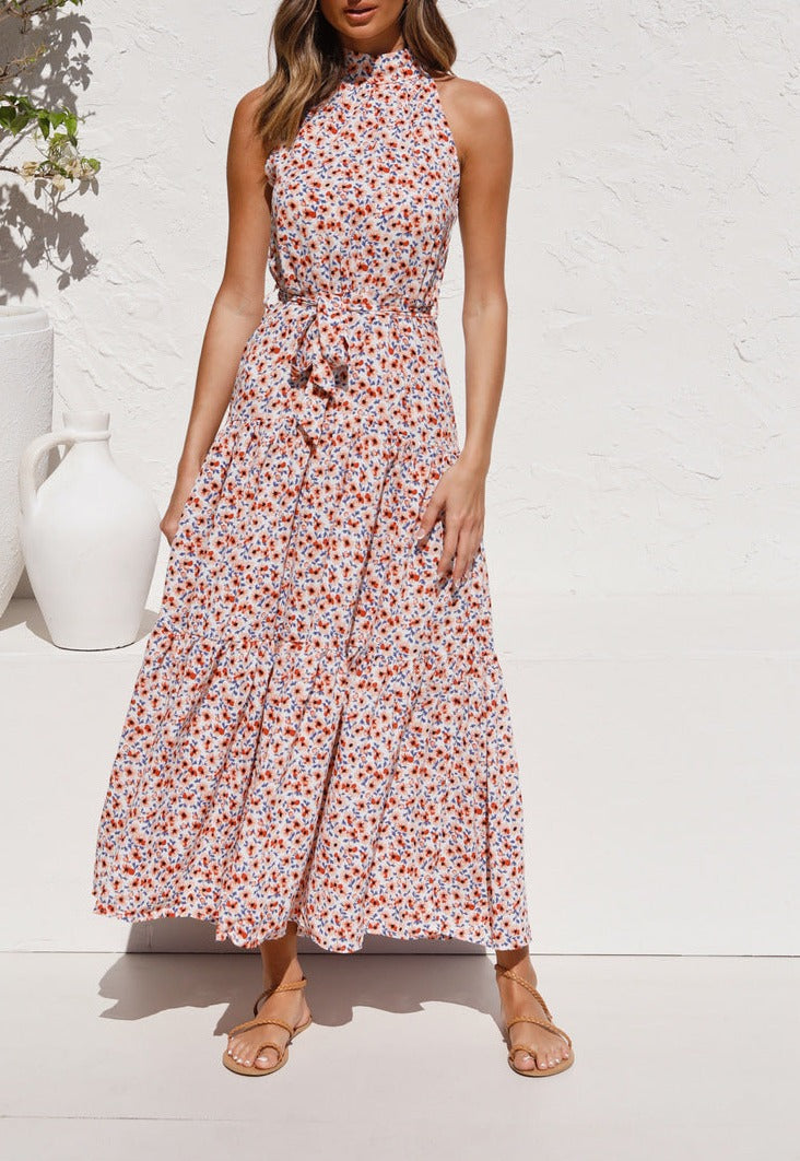 Lace-Up Halter Print Dress