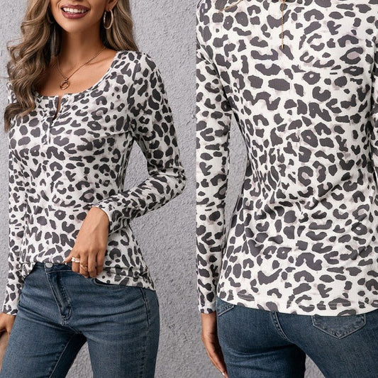 Leopard Square Neck Slim Fit Long Sleeve T-Shirt