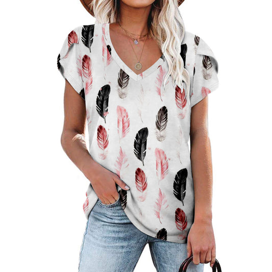Loose Women's T-Shirt with V-Neck and Tie-Dyed Floral Pattern