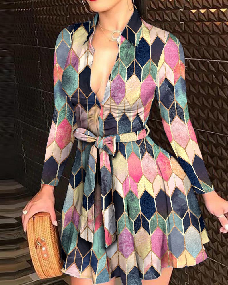 Fashionable Printed Dress with Long Sleeves, V-Neck, and Tie for a Sexy Look