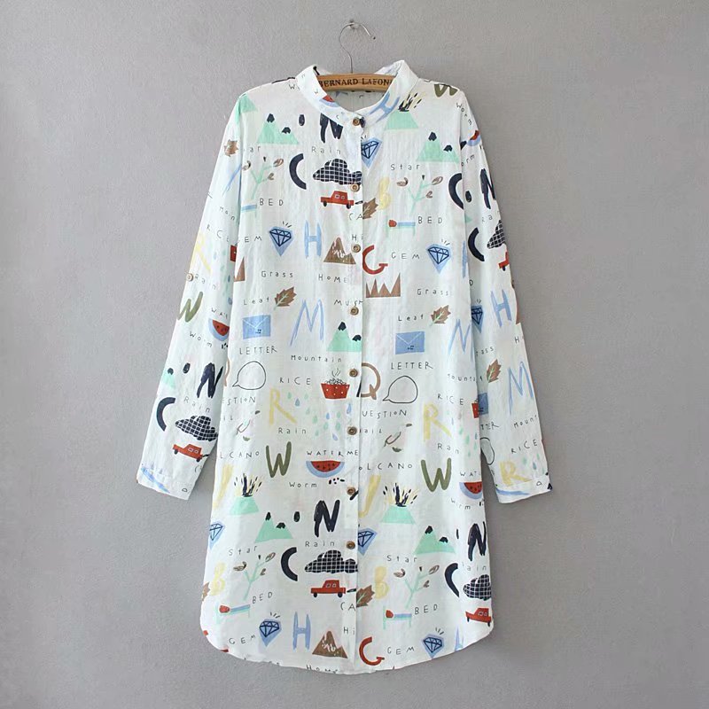 Loose Large Size Mid-Length Long-Sleeved Shirt for Women with Cartoon Print