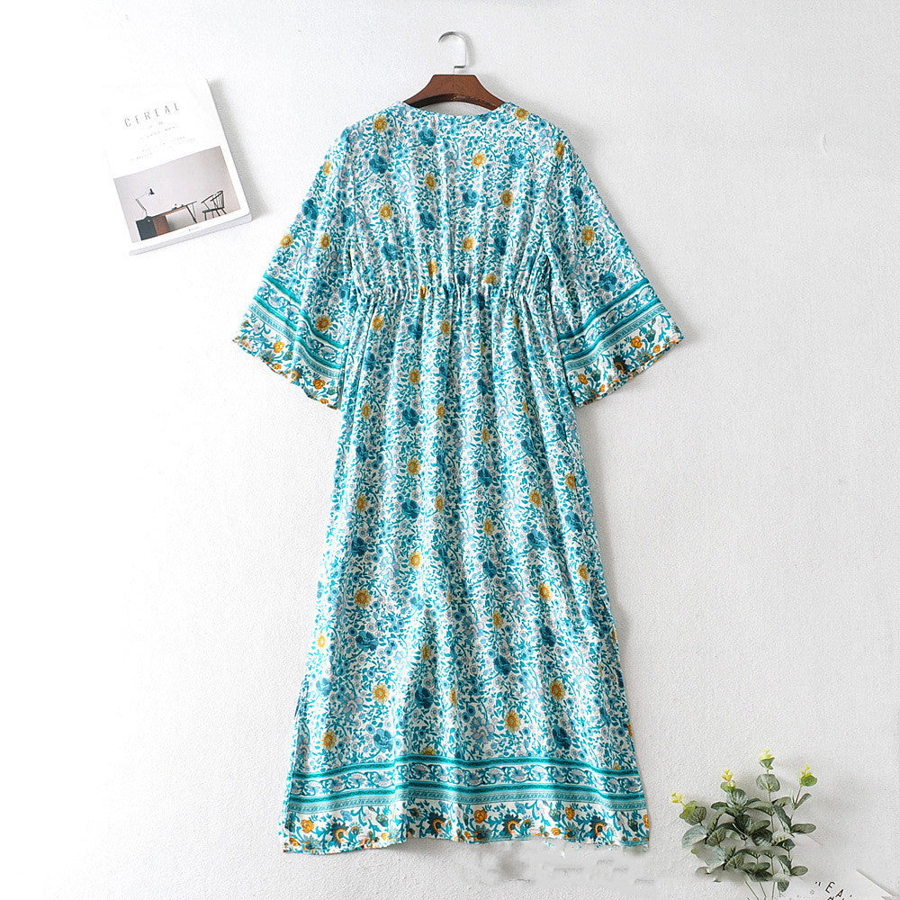 Summer New Style Printed Dress with Waist Drawstring - A Long Skirt for Women