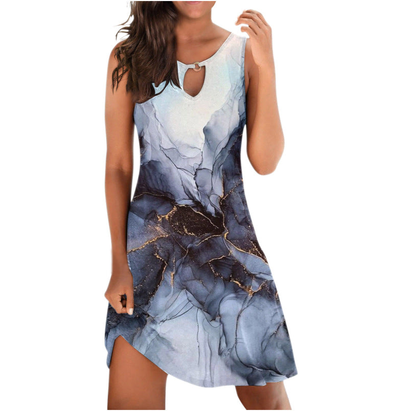 Women's Casual Tie Dyed Printed Hollow V-neck Loose Fitting Dress