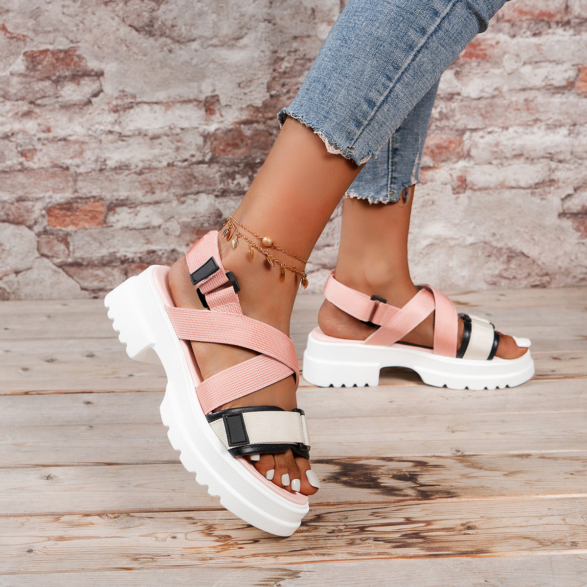 Step into Style with Summer Women's Thick Sole Velcro Toe Casual Sandals