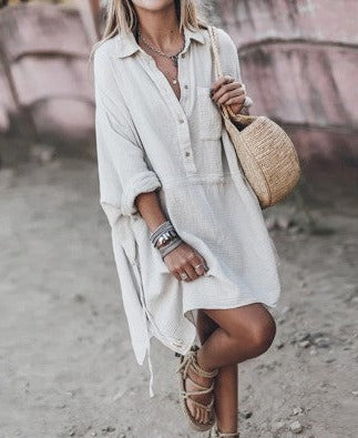 Casual Loose Deep V-neck Mid-length Pocket Patch Dress