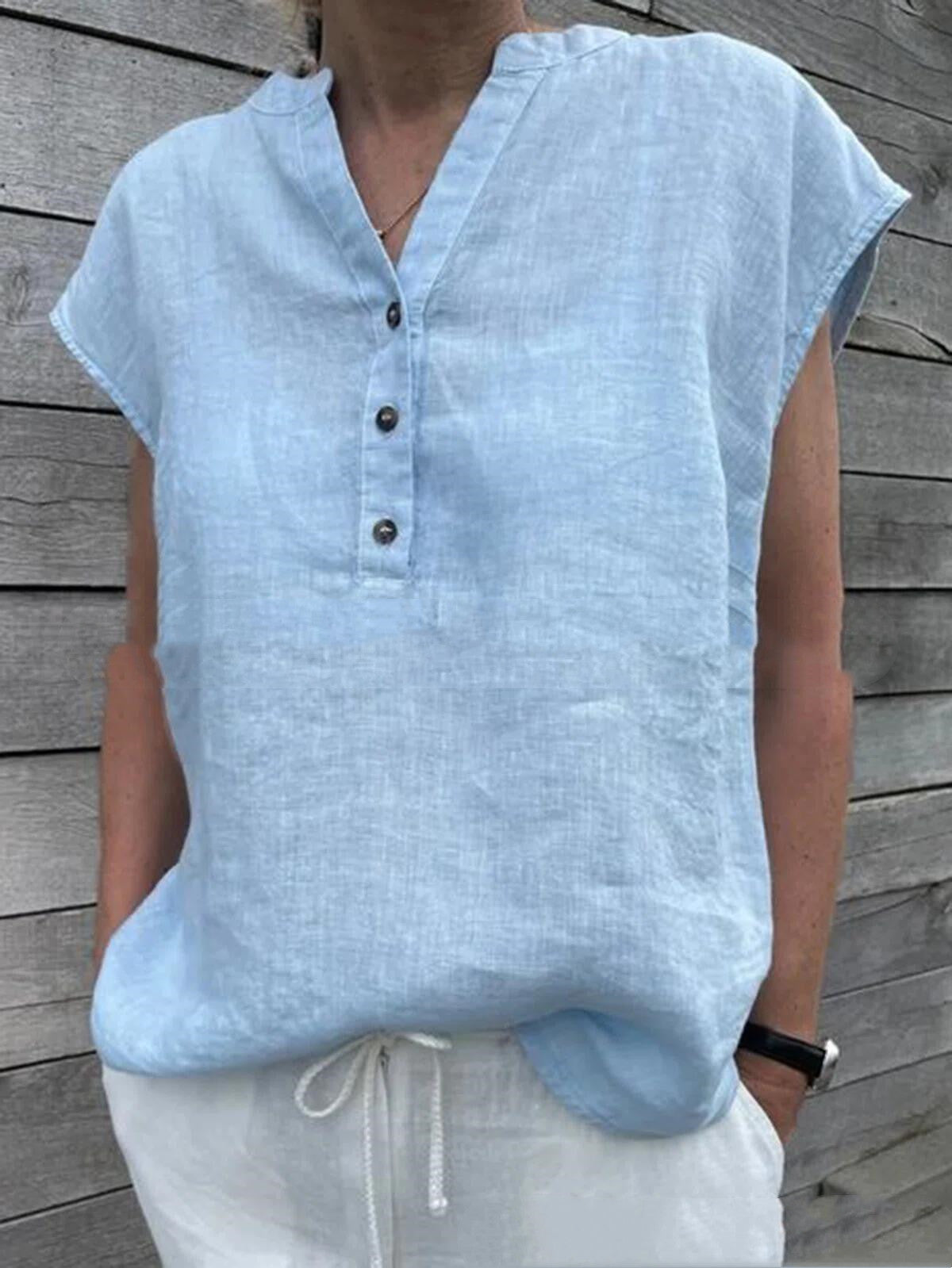 Vintage V-Neck Cotton Linen Shirt for Ladies - Casual Patchwork Design