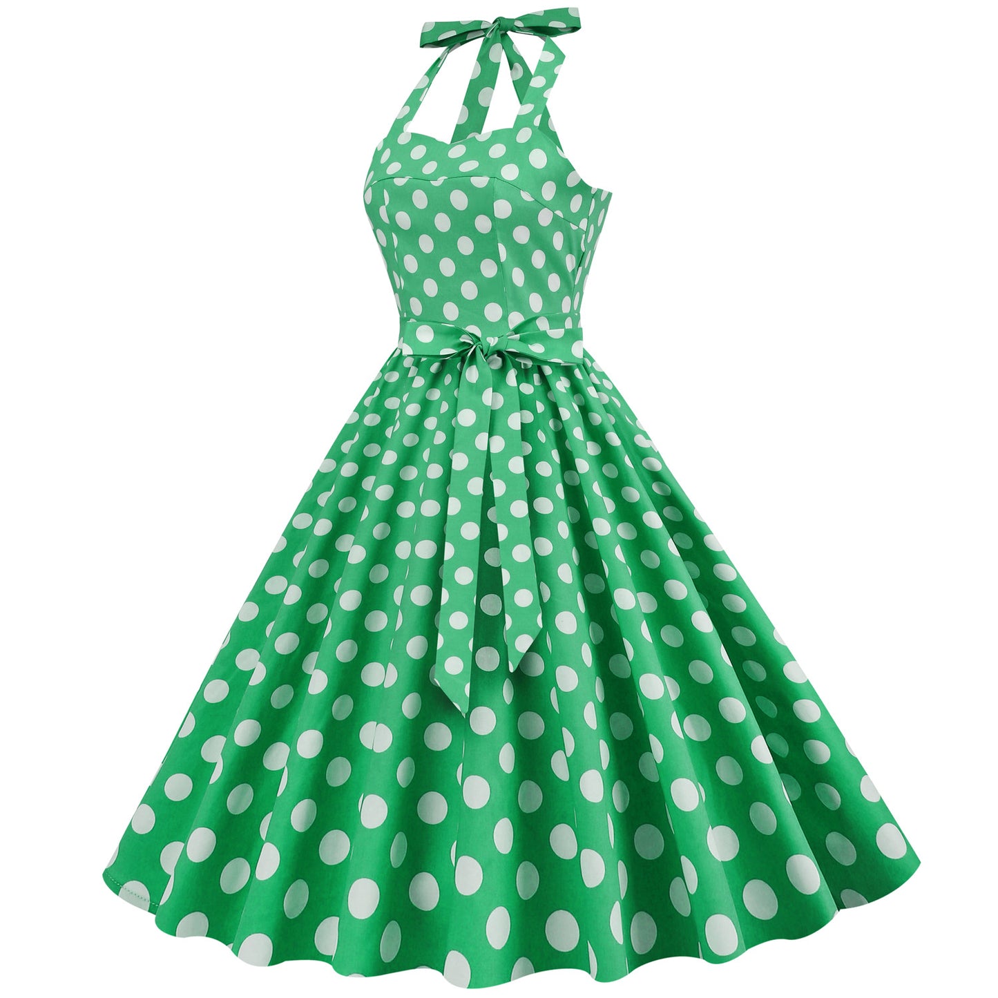 Vintage Polka Dot Halter Dress with Lace-Up Detail and Puff Sleeves