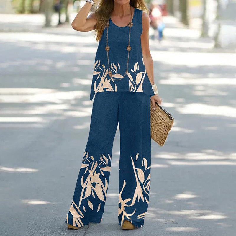 Printed Sleeveless Top And Straight Pants Two-piece Set