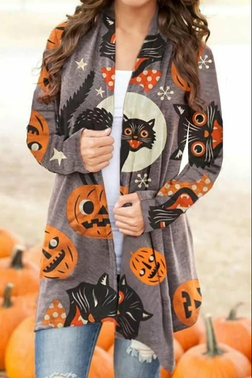 Halloween-Themed Digital Print Casual Cardigan Jacket for Women