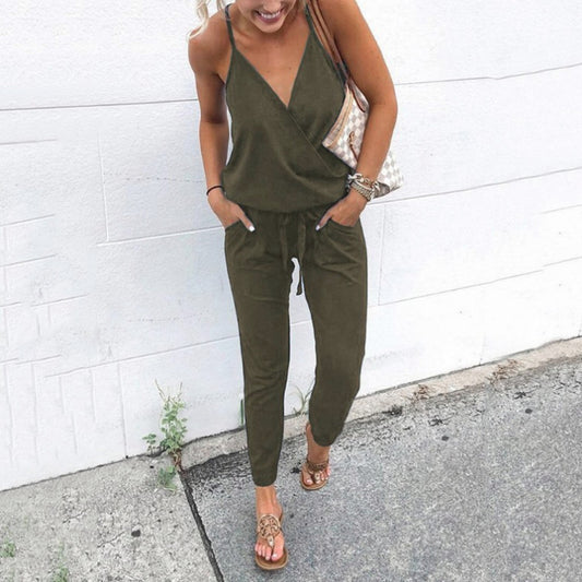 Fashion Casual Lace Up Pocket Backless Sling Women's Jumpsuit