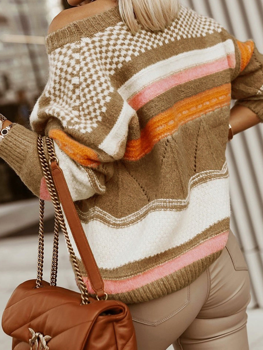 Knitted Jacquard Texture Top: Winter Striped Colored Pullover Sweater for Women
