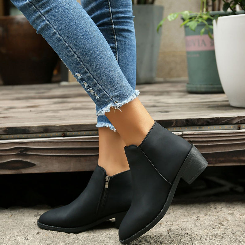 Chunky Mid-Heel Waterproof Ankle Boots for Women with Side Zipper