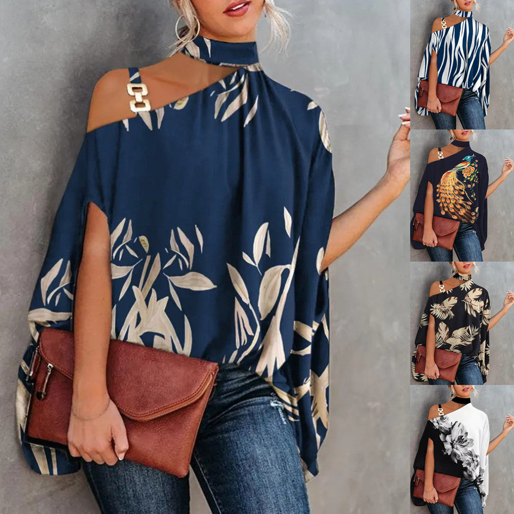 Fashionable Doll Sleeve Printed Shirt for Women