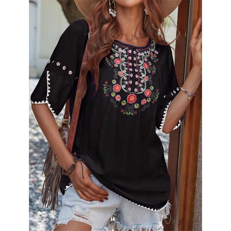 Women's Fashion Simple Ethnic Style Print Short-sleeved Top