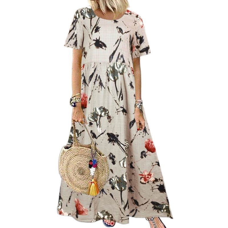 Printed Round Neck Short Sleeve Plus Size Loose Long Dress