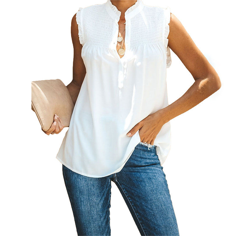 Women's Fashion Smocked V-Neck Sleeveless Shirt Top